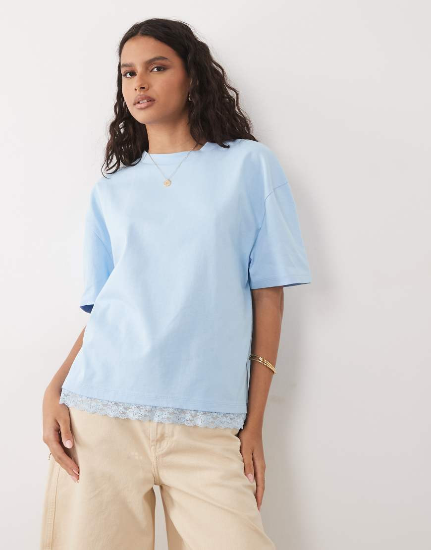 ASOS DESIGN oversized T-shirt with lace trim at hem set in light blue | ASOS (Global)