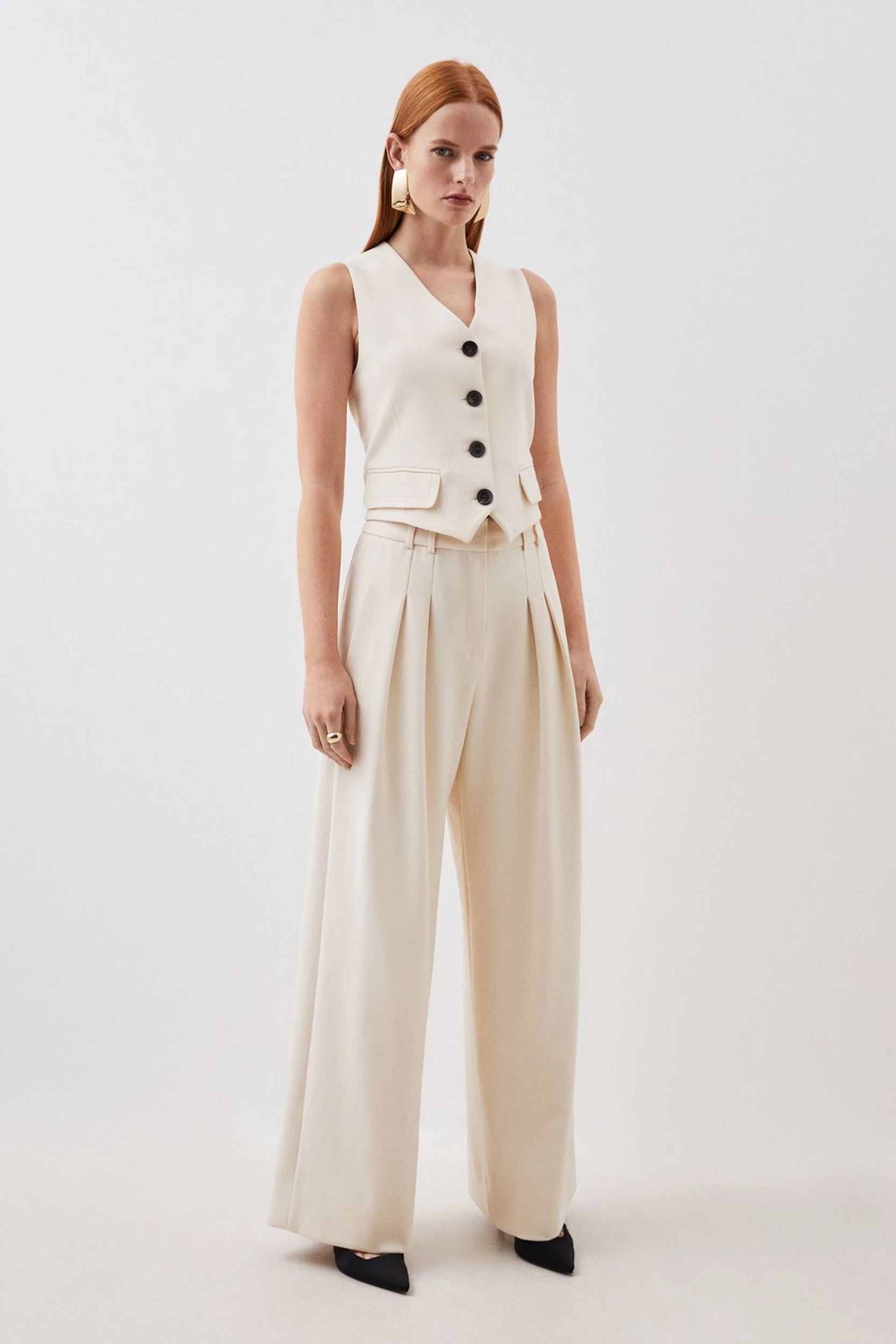 Compact Stretch Tailored Pleated Straight Leg Trousers | Karen Millen UK + IE + DE + NL