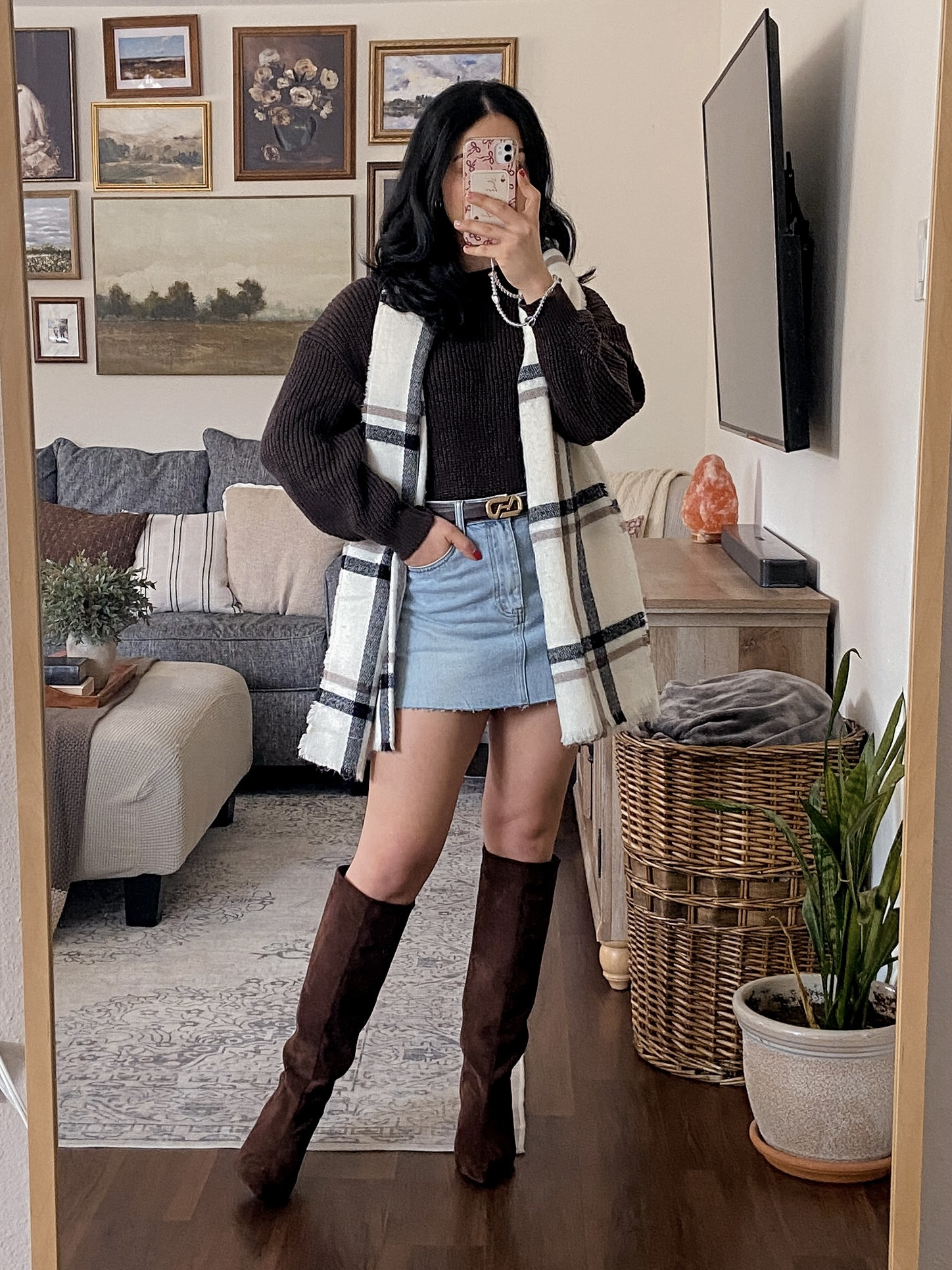 part 3 • recreating a pinterest inspired outfit 📌👀❤️ pinterest inspired outfit, brown knit sweater outfit, denim mini skirt outfit, knee high suede boots outfit, plaid scarf styling, cozy fall outfit, elevated casual outfit, chic winter outfit, neutral outfit ideas, cute everyday outfit, brown knit sweater, cozy sweater styling, denim mini skirt fall outfit, brown suede pointed toe boots, plaid scarf fall styling, mini shoulder bag outfit, layered winter outfit, neutral chic look, timeless casual outfit, mini shoulder bag styling, chic small bag outfit, neutral accessories, cozy outfit accessories, winter outfit bag ideas, classic bag styling, effortless accessory styling, cute and cozy aesthetic, pinterest fashion inspo, elevated casual style, soft fall vibes, chic cozy outfit, neutral chic aesthetic, casual street style outfit, modern feminine fashion  

 #LTKdayinmylife #LTKgrwm #LTKootd