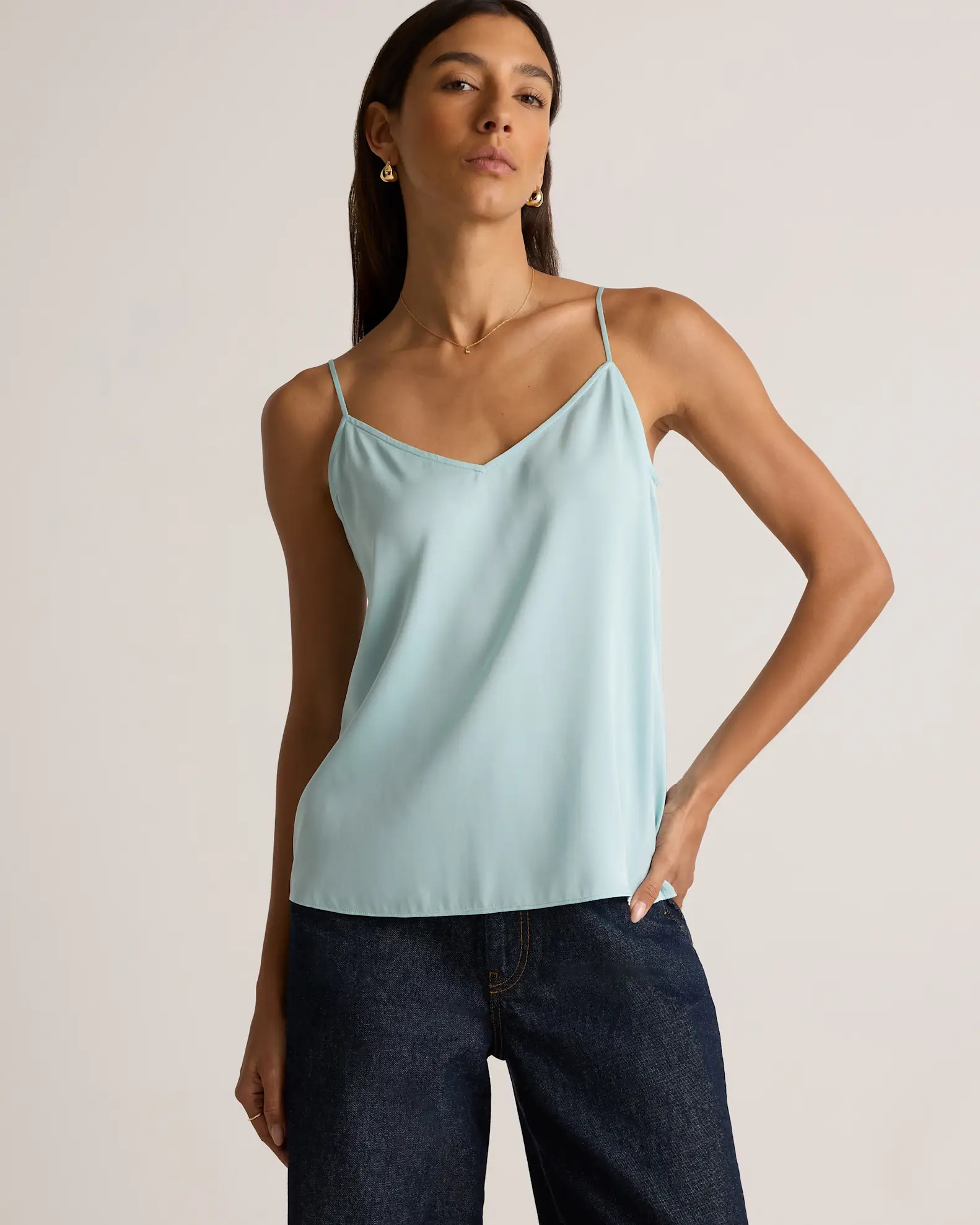 Washable Stretch Silk V-Neck Cami in Aqua Pearl | Quince