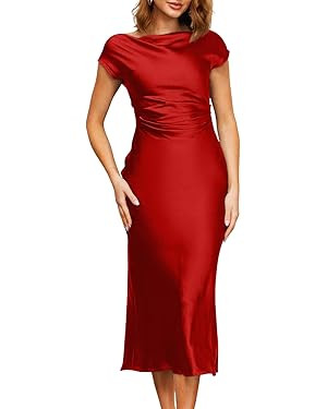 Memoriesea Women's Sexy Cowl Neck Cap Sleeves Tie Back Party Cocktail Midi Dress | Amazon (US)