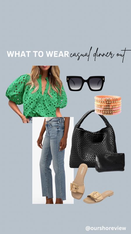 Elevate your casual night out with this chic dinner look! Pair a stylish green top with classic straight-leg denim jeans for effortless charm. Complete the ensemble with trendy sunglasses, colorful bracelets for a pop of fun, and an oversized boho bag to carry your essentials in style. Slip into nude buckle slides for a touch of understated elegance. Perfect for a relaxed yet fashionable evening.

#LTKfindsunder50 #LTKitbag #LTKshoecrush