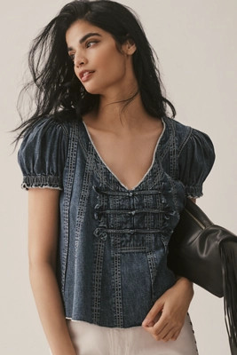 Pilcro Puff-Sleeve V-Neck Swing Blouse | Anthropologie (US)