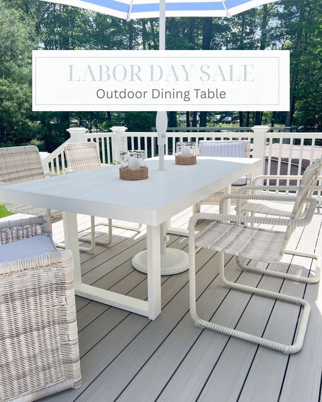 My Polywood outdoor dining table is on sale for Labor Day and it's been such a great addition to our deck! I love that it's weather resistant so I never have to worry about covering it and keeping it out of the rain and snow! My side chairs have been discontinued but the two chairs on the ends are 20% off as well this weekend!
- 
coastal home decor, coastal style, outdoor furniture, patio furniture, patio chairs, outdoor dining chairs, outdoor furniture with performance fabric, wicker chairs, rattan chairs, outdoor living, outdoor dining chairs, beach house furniture, beach house outdoor furniture, lake house furniture, dining chair cushions, outdoor dining chair covers, stain resistant outdoor furniture, pacifica outdoor furniture, outdoor dining table, white dining table, outdoor decor, patio decor, amazon palm trees, polywood furniture, polywood dining table, edge dining table, outdoor dining table, patio table for 8, serena & lily dining furniture, serena & lily dining chairs, serena & lily outdoor furniture, striped umbrella, outdoor umbrella, blue & white umbrella, patio umbrella, patio ideas, deck furniture ideas, labor day sales

#LTKHome #LTKSaleAlert #LTKSeasonal