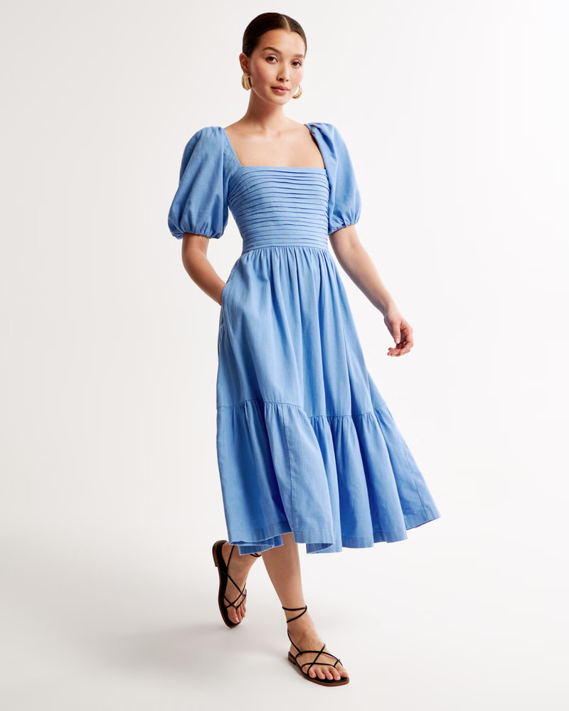 Emerson Linen-Blend Puff Sleeve Midi Dress | Abercrombie & Fitch (US)