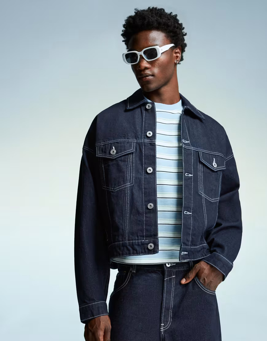Bershka Denim trucker jacket in blue-Navy | ASOS (Global)