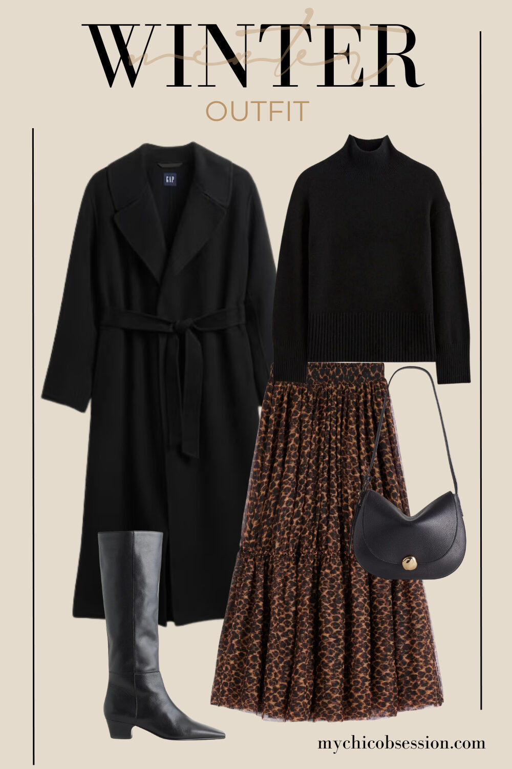 Style a chic winter outfit with a black turtleneck, wool wrap coat, and leopard print skirt. Accessorize with a leather saddle bag, and sleek leather knee-high boots. 

 #LTKSeasonal
