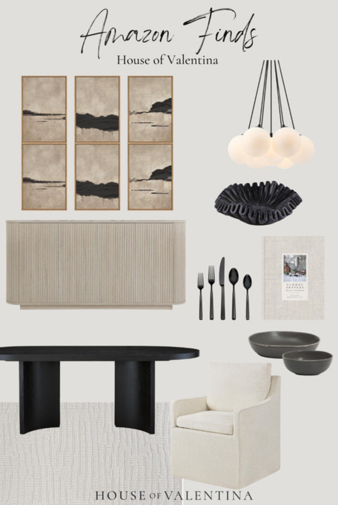 It's true... every meal tastes better in a pretty space!!! I love creating dining rooms that feel warm, layered, and inviting with soft neutrals, sculptural lighting, organic textures, and timeless pieces that make everyday moments feel a little more special.

From the oversized artwork to the cozy upholstered seating and moody black accents, every detail adds warmth and balance while still feeling effortless and livable. To me, the best spaces are the ones that make you want to slow down, gather around the table, and stay a little longer. 

 #LTKSeasonal #LTKHome #LTKSaleAlert