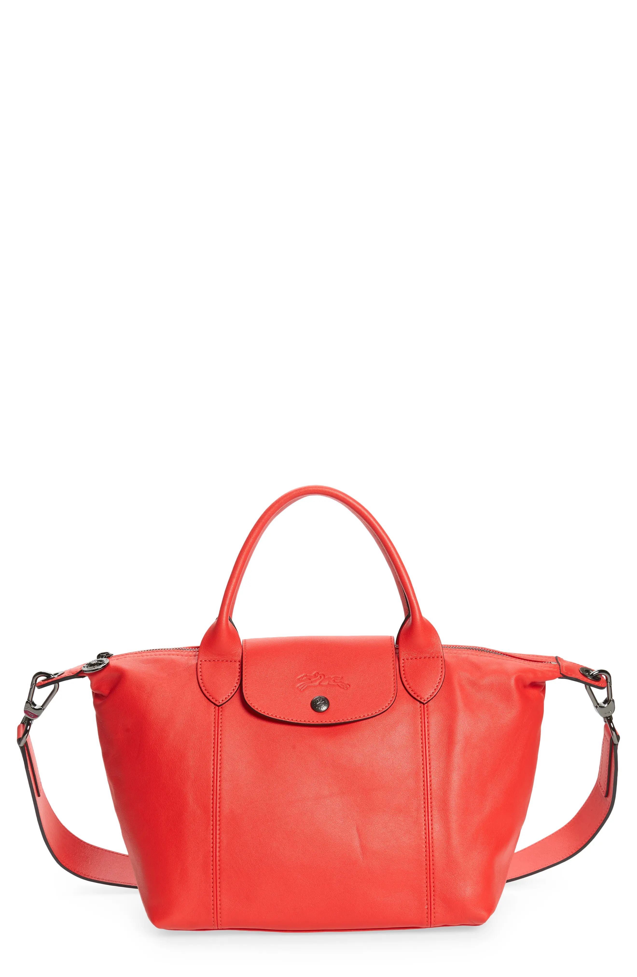 Longchamp Le Pliage Cuir Leather Shoulder Bag in Kiss Red at Nordstrom | Nordstrom