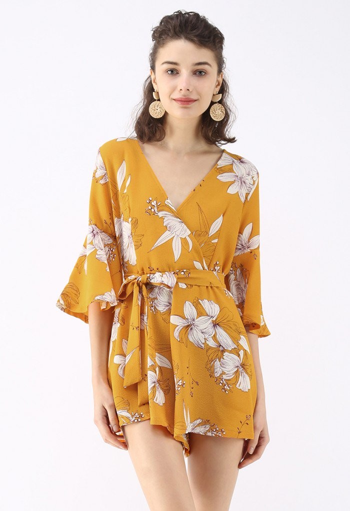 Bold Blooms Floral Wrapped Playsuit in Yellow | Chicwish