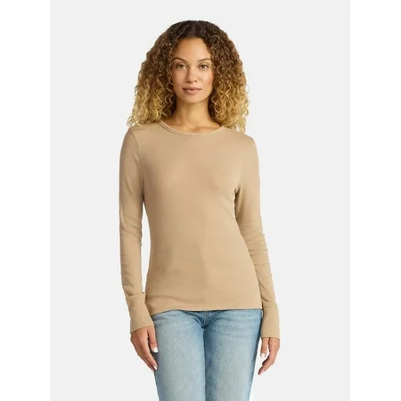 Time and Tru Women's Rib Tee with Long Sleeves, Size XS-XXXL | Walmart (US)