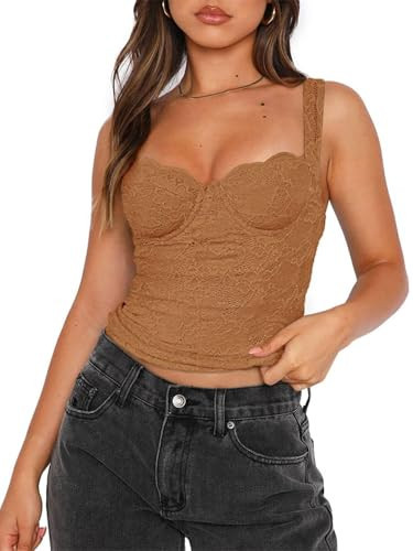 REORIA Women's Summer Fashion Sexy Square Neck Sleeveless Cute Trendy Going Out Lace Bustier Crop Tank Tops Brown-Medium | Amazon (US)