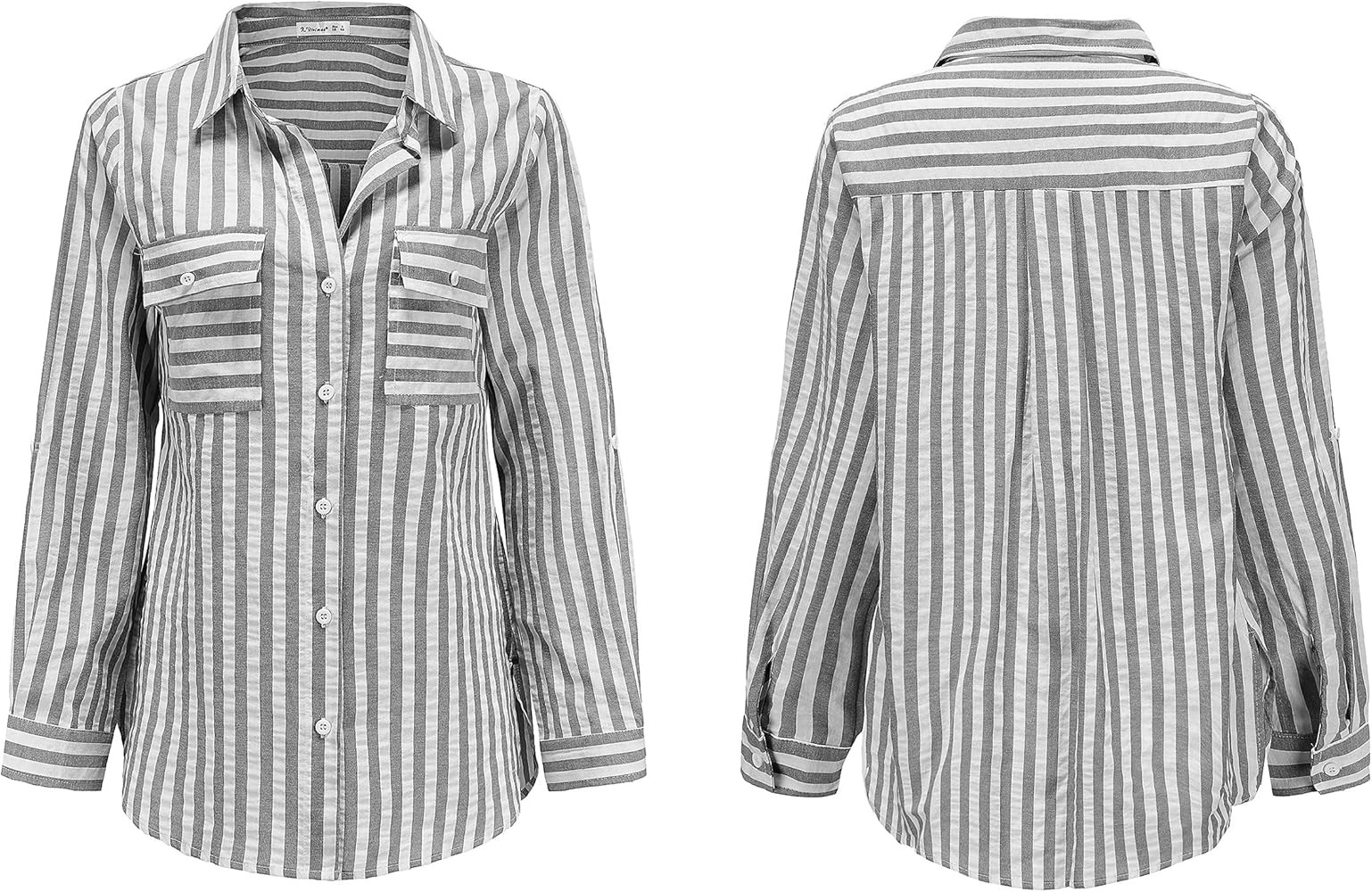 R.Vivimos Women's Fall Cotton Long Sleeves Roll Up Striped Casual V Neck Button Down Shirts Blouses | Amazon (US)