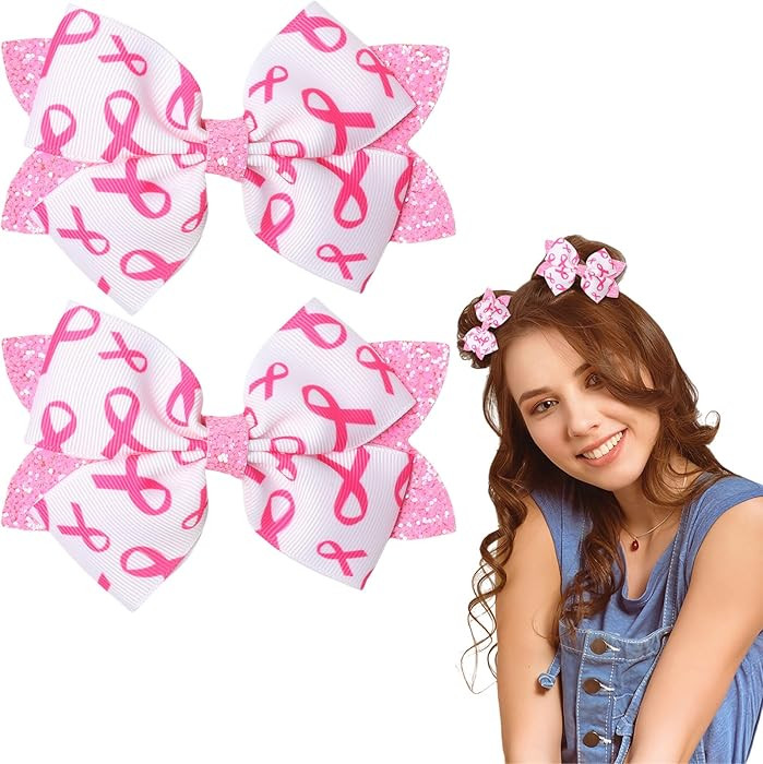 Pink Bows Breast Cancer Awareness Accessories Glitter Bow Hair Clips For Girls - Cute Sequined Ba... | Amazon (US)