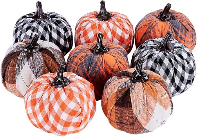 Artmag 8PCS Artificial Rustic Harvest Pumpkins Set, Plaid Cloth Fabric Pumpkins with 4 Colors for... | Amazon (US)