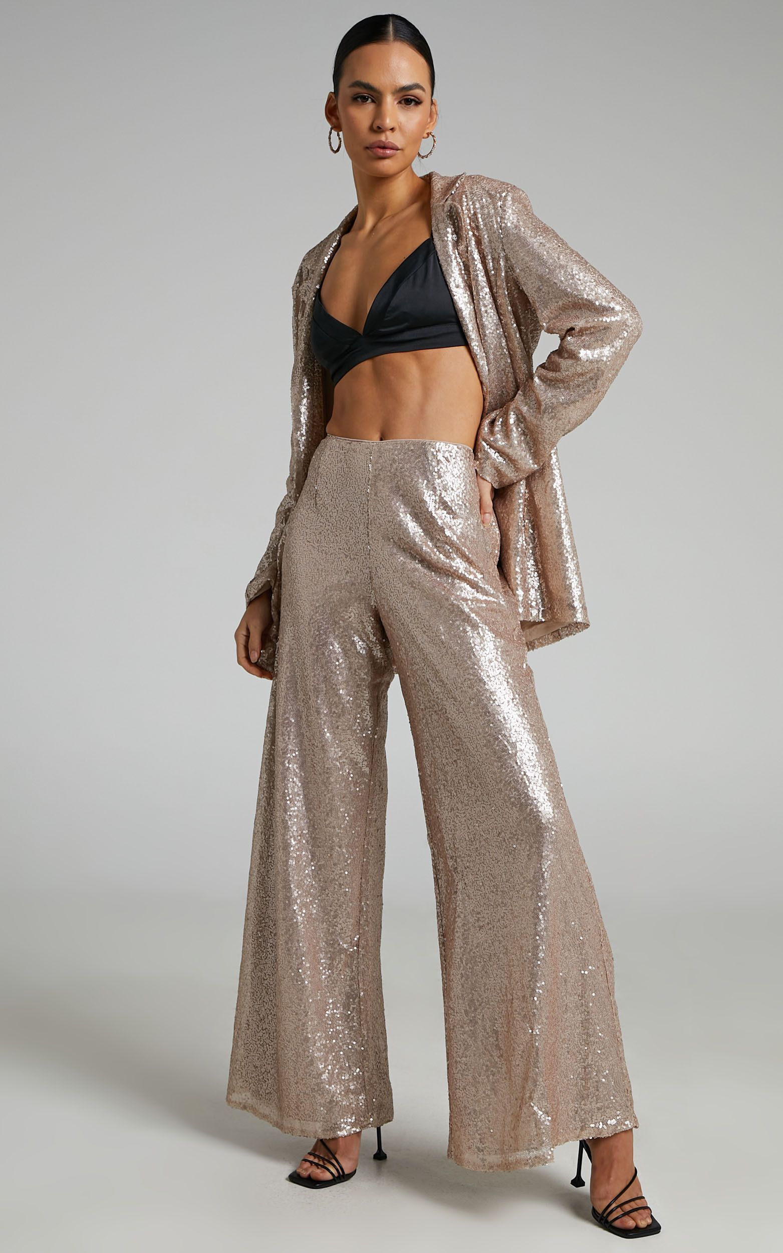 Looma Sequin - High Waisted Wide Leg Pants in Champagne | Showpo (US, UK & Europe)