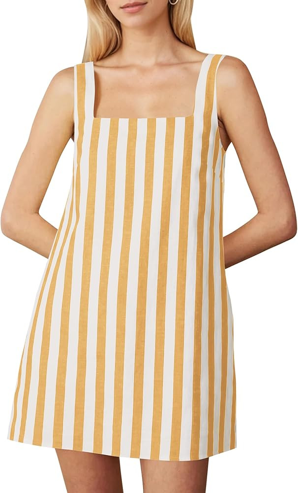 Burtell Summer Sleeveless Cotton Linen Mini Dresses for Women Casual Square Neck Backless Short D... | Amazon (US)