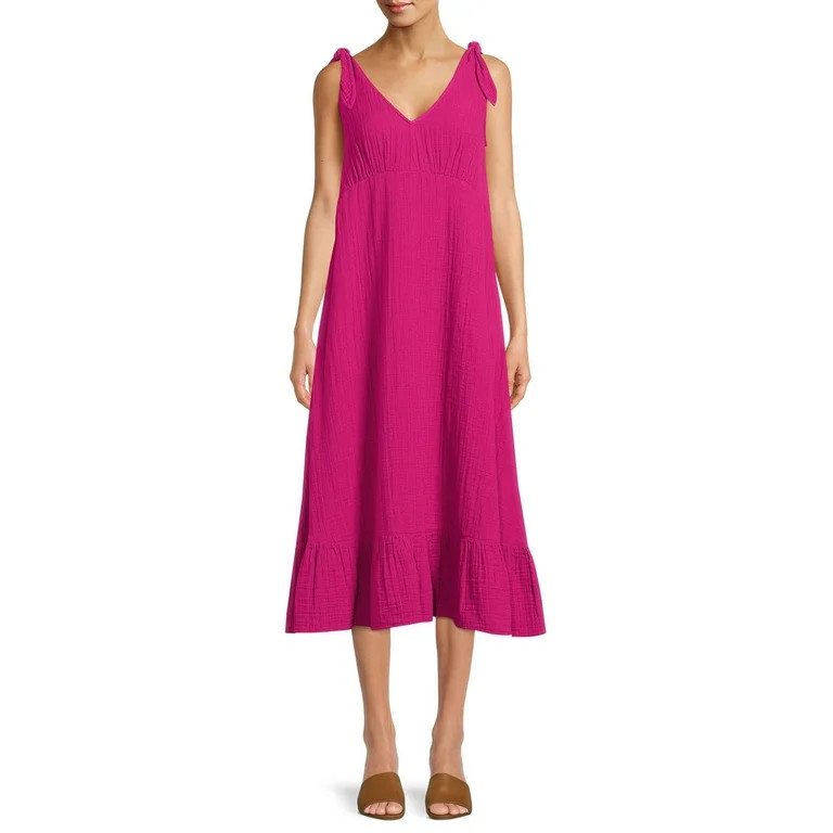 Time and Tru Women's Double Cloth Tie Shoulder Midi Dress | Walmart (US)