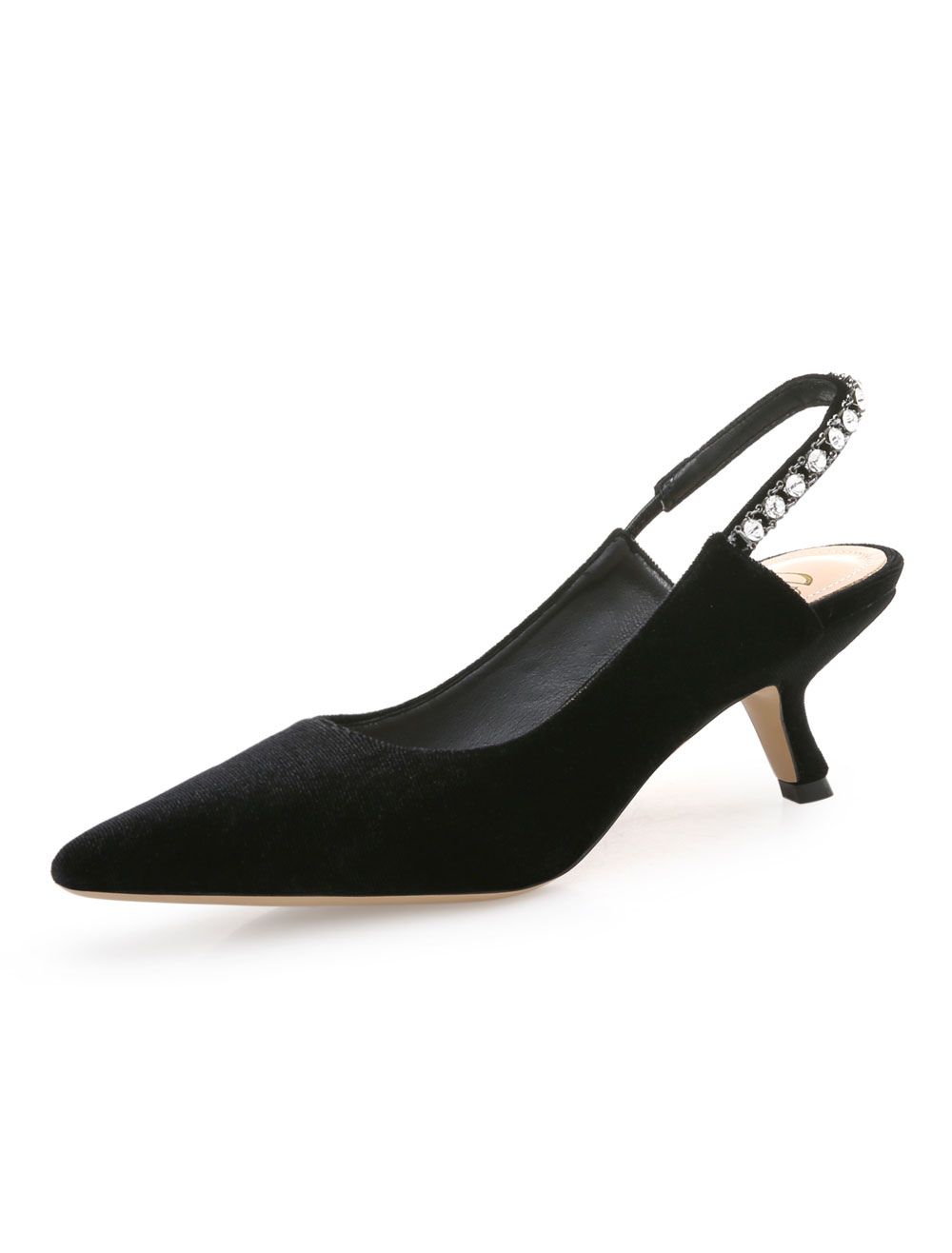 Black Pump Shoes Pointed Toe Rhinestones Slingbacks Slip On Kitten Heels For Women | Milanoo