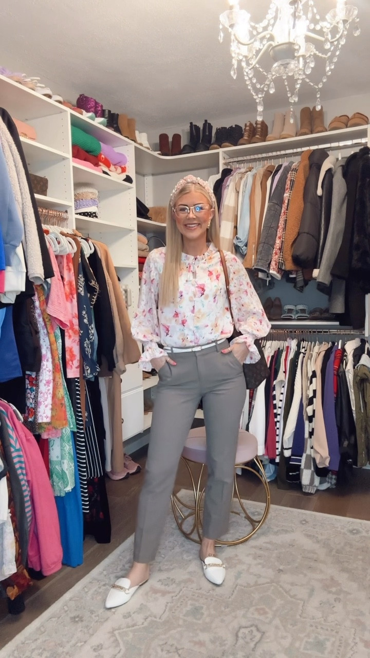 Early spring work outfit // Amazon fashion // Pink floral long sleeve shirt // Pink headband // Women’s Rayban glasses // Gold chunky designer inspired earrings // H&M women’s slacks // Women’s workwear // Affordable fashion // Office chic style // Healthcare admin ootd 

#LTKWorkwear #LTKootd