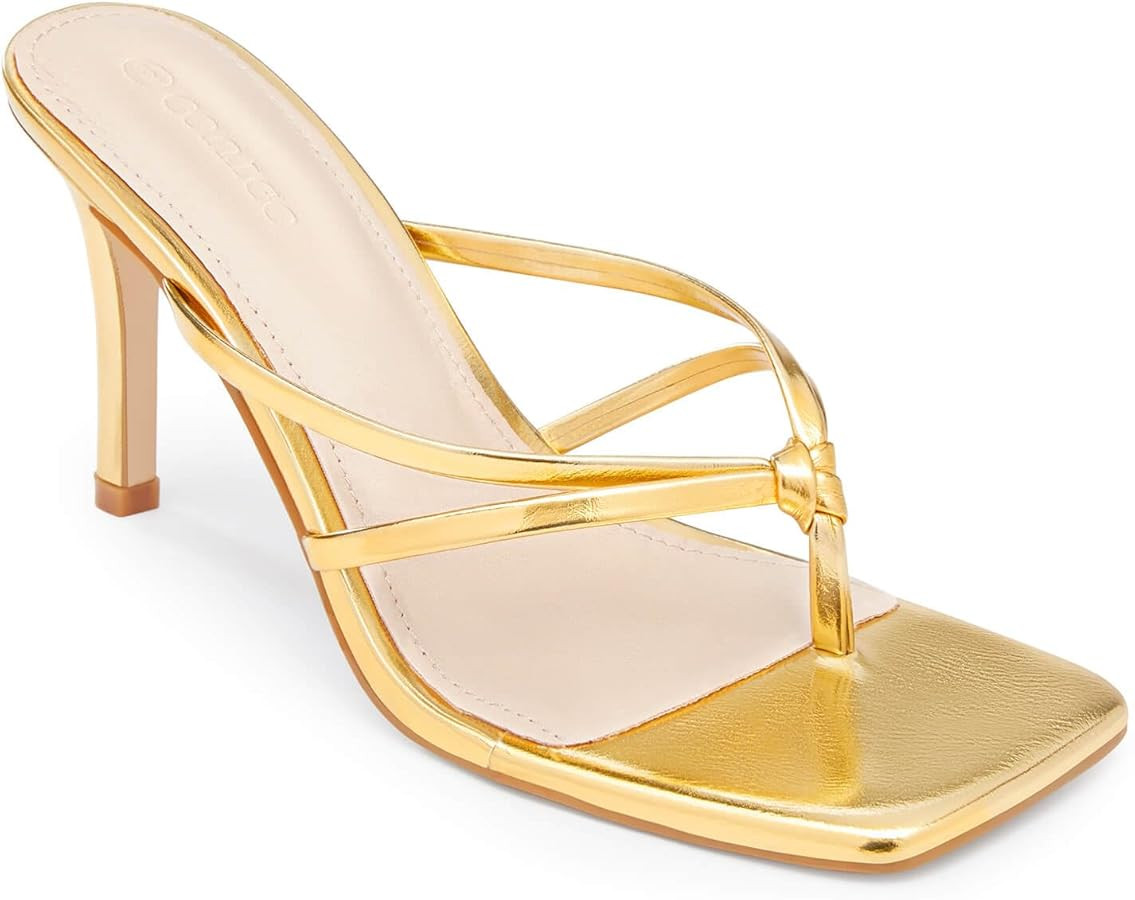 Coutgo Womens Strappy Heeded Sandals Square Toe Flip Flops Fashion Stiletto Thong Slip On Sandals | Amazon (US)