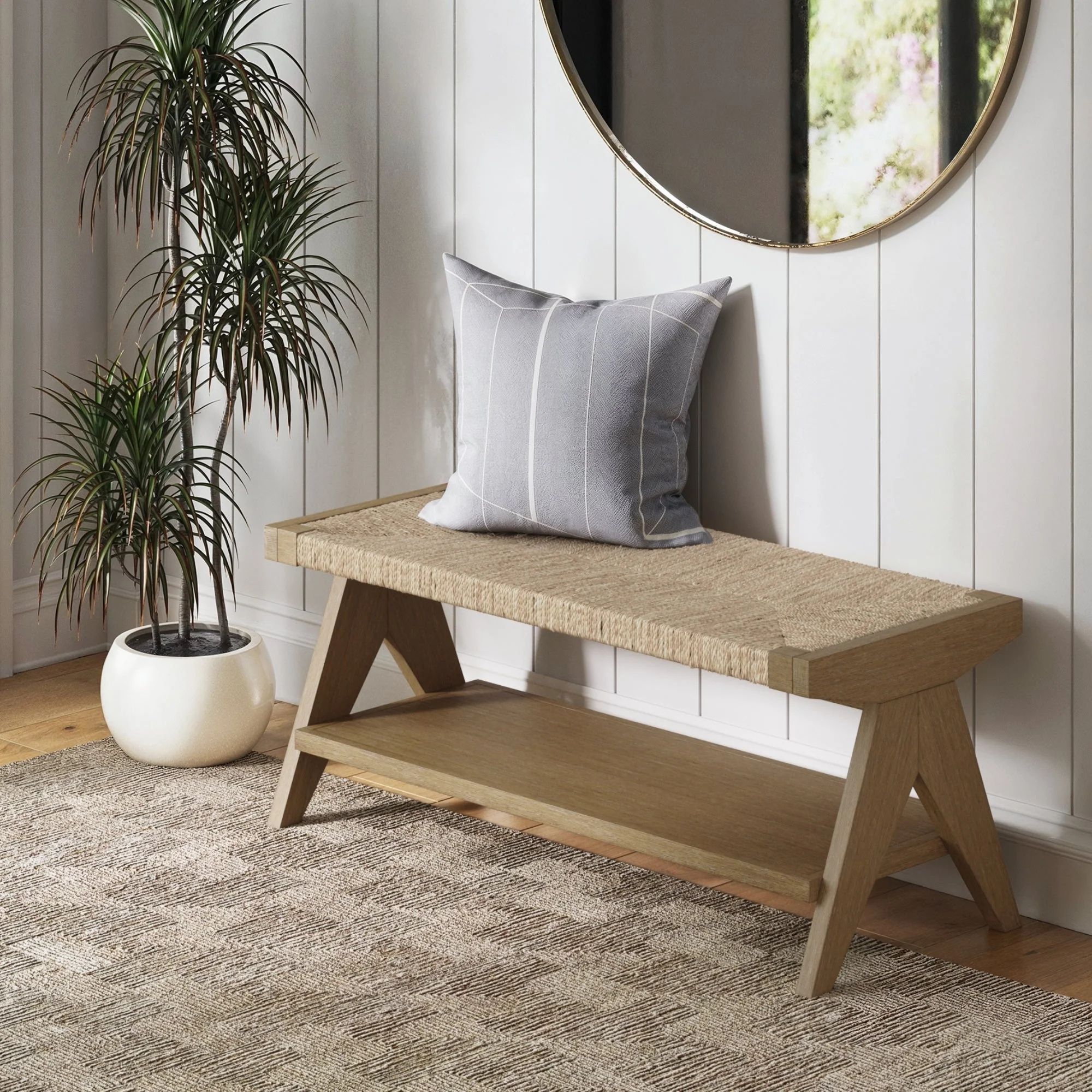 Wood & Seagrass Entryway Bench with Shelf | Nathan James