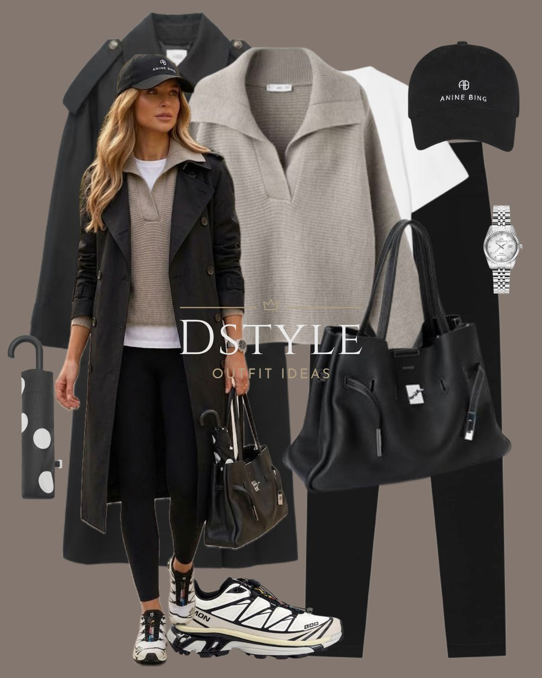Rainy day off-duty uniform 🖤 Black trench coat layered with a cozy knit, black leggings, Anine Bing cap, and statement Salomon sneakers. 

 #LTKootd #LTKTravel
