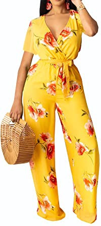 Women Long Sleeve Flowy Summer Romper Sexy V Neck Ruffle Boho Chiffon Shorts Jumpsuits | Amazon (US)