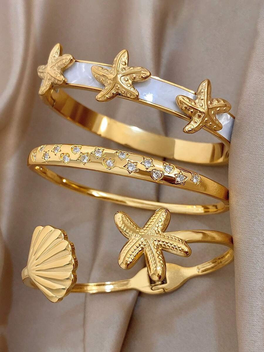 18K Gold Plated Ocean Shell Starfish Pattern Star&Heart Zirconia Bangle Bracelet Set, For Women L... | SHEIN