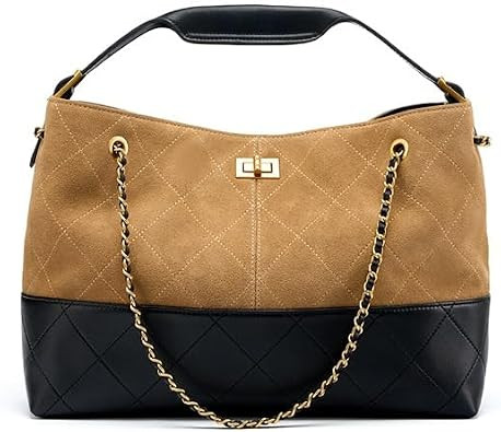Quilted Leather Bag, Large Suede Work Tote, Gold Chain Shoulder Purse | Amazon (US)