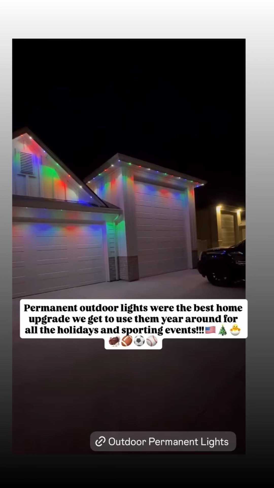 Permanent outdoor lights were the best home upgrade we get to use them year around for all the holidays and sporting events!!!🇺🇸🎄🐣🦃🏈⚽️⚾️