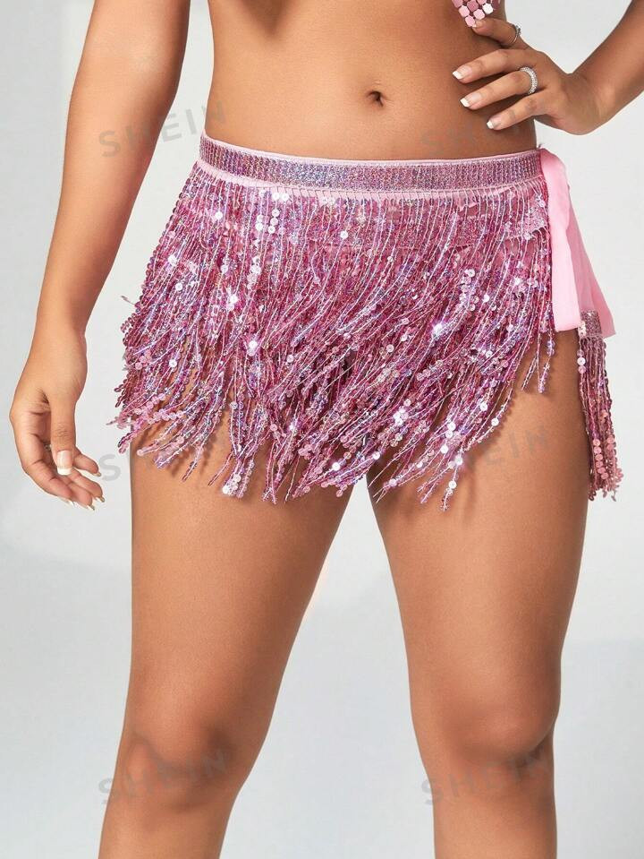 Apperloth A Rave Sparkling Sequin Fringe Trim Shiny Ties Side Belly Dance Performance Mini Skirt | SHEIN