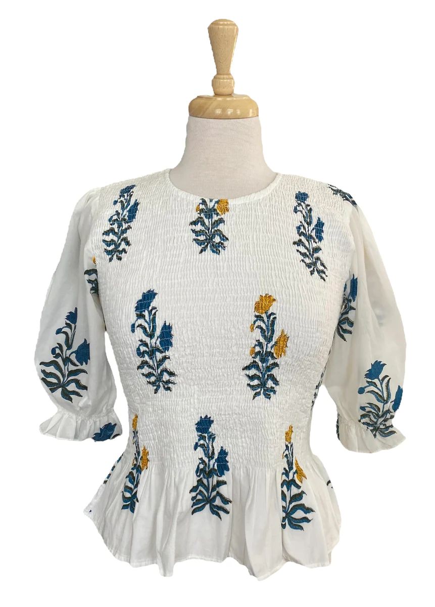 Annie Smocked Top Blue Yellow Floral | Madison Mathews