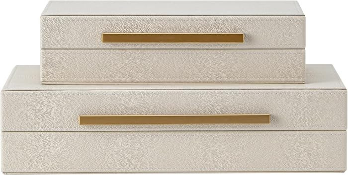 Set of 2 Beige Shagreen Decorative Storage Boxes with Gold Metal Handles \u2013 Faux Leather Jewe... | Amazon (US)