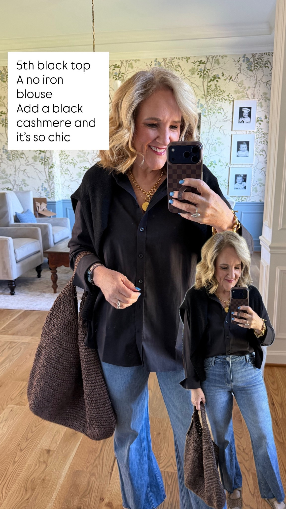Chicos no iron blouse size 1.0 buy more save more promotion 
Cashmere sweater medium 
Kut from the Kloth jeans I’m wearing a 6
Espadrilles are very comfy and you’ll wear often 

#LTKOver40 #LTKPetite #LTKSaleAlert