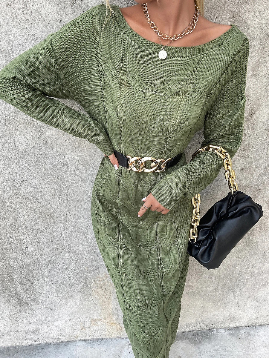 Solid Drop Shoulder Cable Knit Dress Without Belt | SHEIN