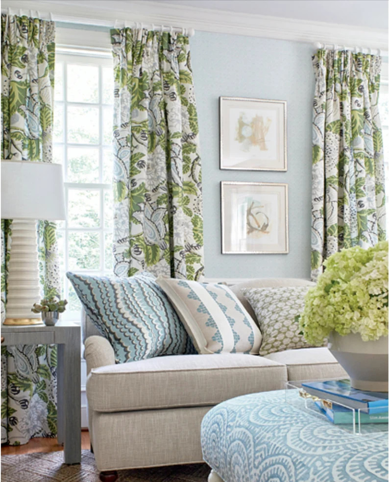 Green and White Curtains Thibaut Curtains Large Floral Curtains Custom Thibaut Drapes Drapery Ext... | Etsy (US)