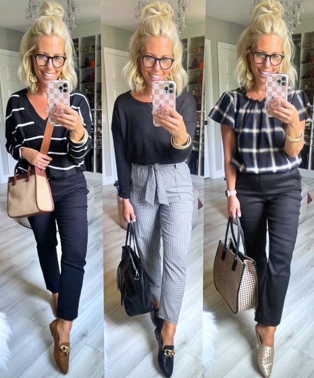 Affordable work wear that’s not only so cute but comfy too!!!!! #walmartpartner The houndstooth pants are so classic, the striped sweater is the softest, and the flutter sleeve top is great for those still so warm September days!!!! The best part…I found this all online and it was soooo convenient to shop!!!!
#walmartfashion @walmart @walmartfashion
⬇️⬇️⬇️
Sweater medium
Black top small
Short sleeve small
Pull on pants both small and size 4
Loafers sized up 1/2 size 
Mules sized up an entire size 

#LTKstyletip #LTKworkwear #LTKunder50