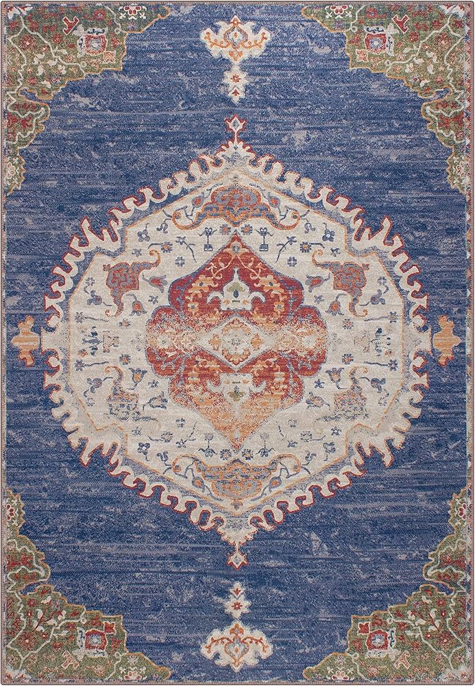 GLN Rugs Machine Washable Area Rug, Rugs for Living Room, Rugs for Bedroom, Bathroom Rug, Kitchen Rug, Printed Vintage Rug, Home Decor Traditional Carpet (RED/Navy, 5'3" x 7'5") | Amazon (US)