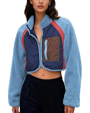 Womens Fuzzy Fleece Jacket Cropped Zip Up Long Sleeve Casual Outwear Warm Winter Patchwork Jacket... | Amazon (US)