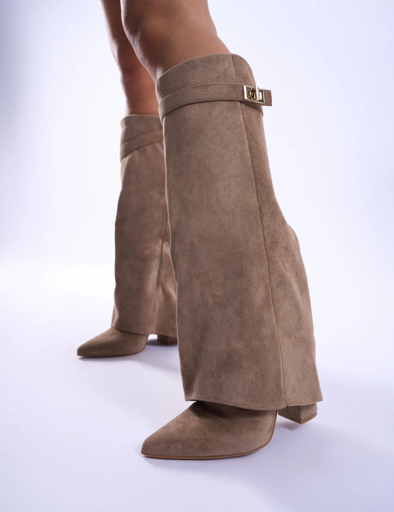Say Yes Beige Faux Suede Padlock Fold Over Knee High Boots | Public Desire
