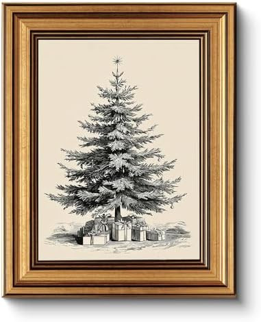 WHASAYART Gold Framed Vintage Wall Art Christmas Decorations Fir Tree Canvas Prints, Vintage Home... | Amazon (US)