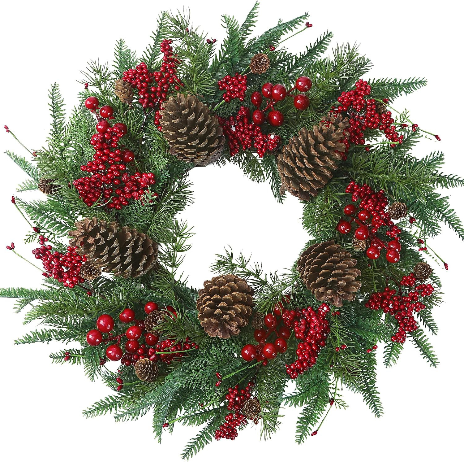 22’’ Artificial Christmas Wreath Norfolk Pine Wreath for Front Door with Pine Needles Red Berries Big Pinecones Christmas Decorations for Winter Farmhouse Wall Indoor Outdoor Home Holiday Xmas Decor | Amazon (US)