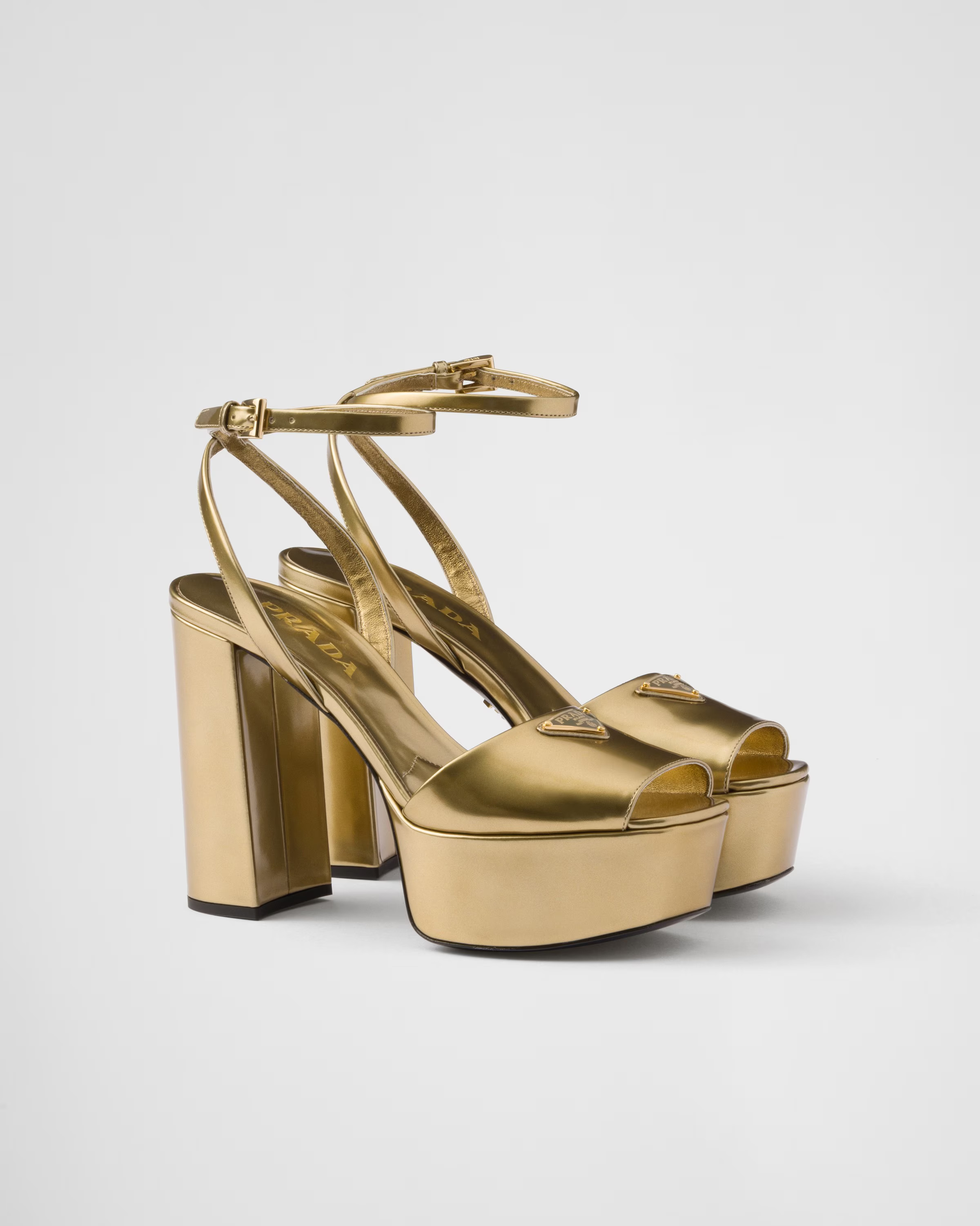 Metallic leather platform sandals | Prada US