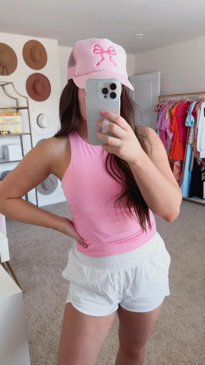 Today’s OOTD - probably gonna wear this outfit 24/7 🤪 I LOOOOOVE it!! 

Bow trucker hat / trucker hat / athletic top / built in bra top / high waisted shorts / athleisure wear /

#LTKfitness #LTKfindsunder50 #LTKsalealert