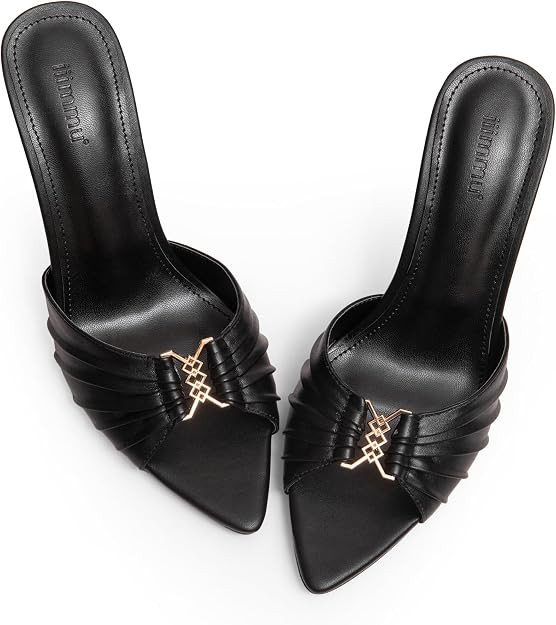 3.5 IN Stiletto Mules Heels with Gold Accents | Reinforced Buckle, Slip-on, Vegan, Pointed Peep T... | Amazon (US)