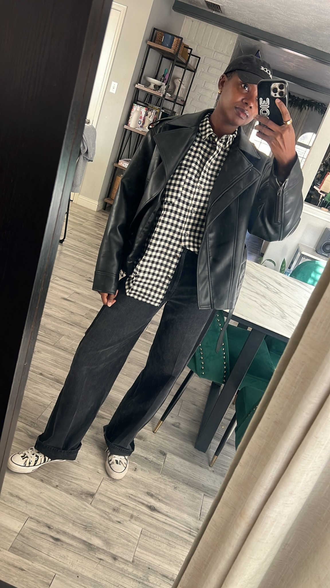 Winter outfit! Black and wide check plaid button up shirt, citizens tuxedo black denim, faux leather moto jacket and black dad hat  

#LTKgrwm