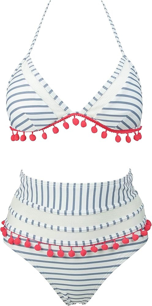COCOSHIP Women's Mesh Striped High Waist Bikini Set Tassel Trim Top Halter Straps Swimsuit(FBA) | Amazon (US)
