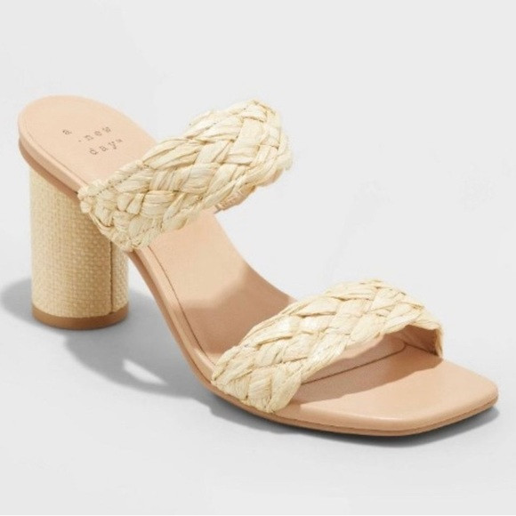 A New Day Women's Tan Basil Woven Double Strapped Slip-On Heels Size 9.5 | Poshmark
