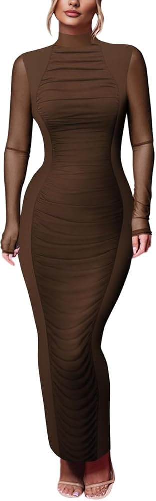 HESUUIO Women Long Sleeve Ruched Bodycon Maxi Dress Elegant Mock Neck Mesh Evening Cocktail Party... | Amazon (US)